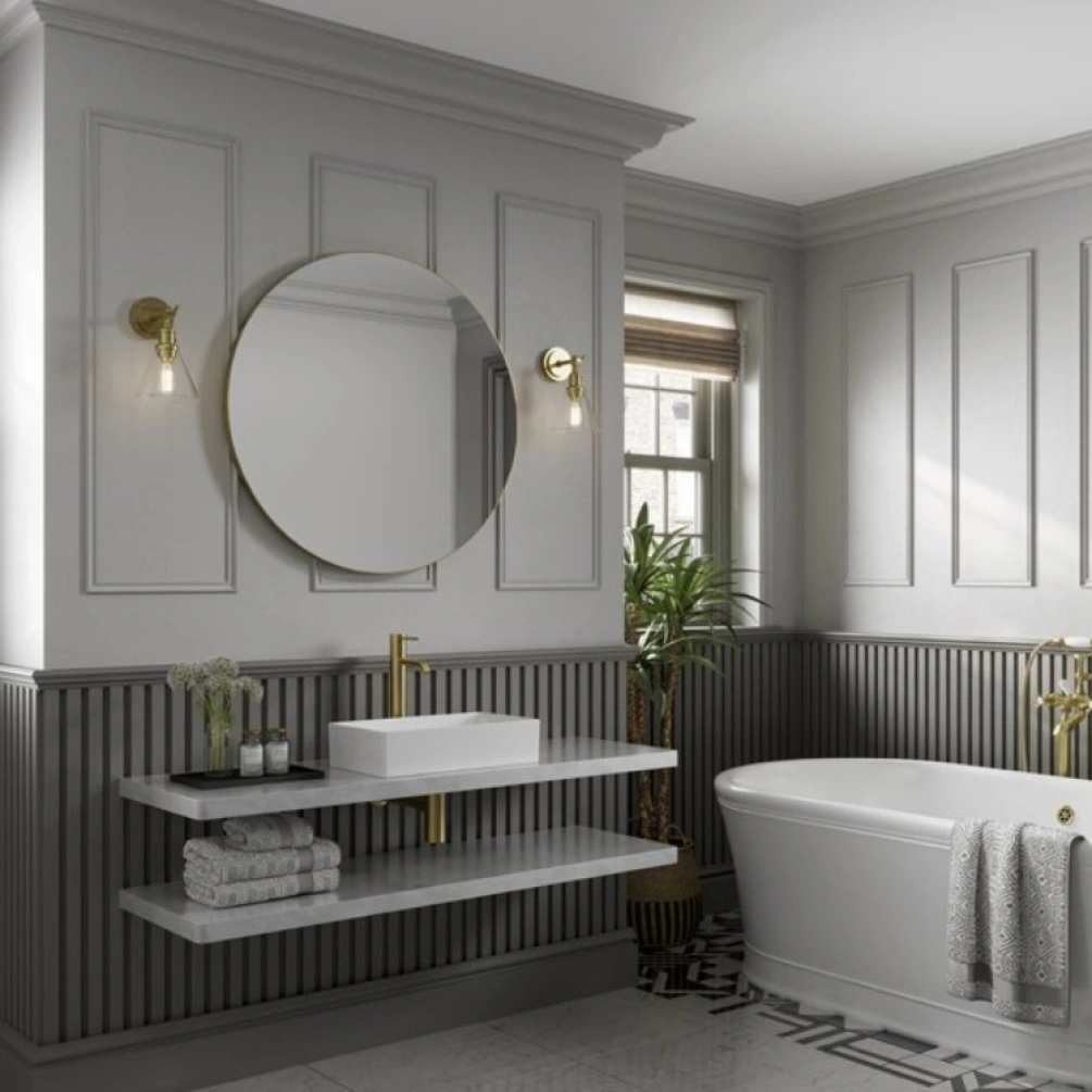 Product lifestyle image of the hib. Trim Round 800mm Brushed Brass Bathroom Mirror